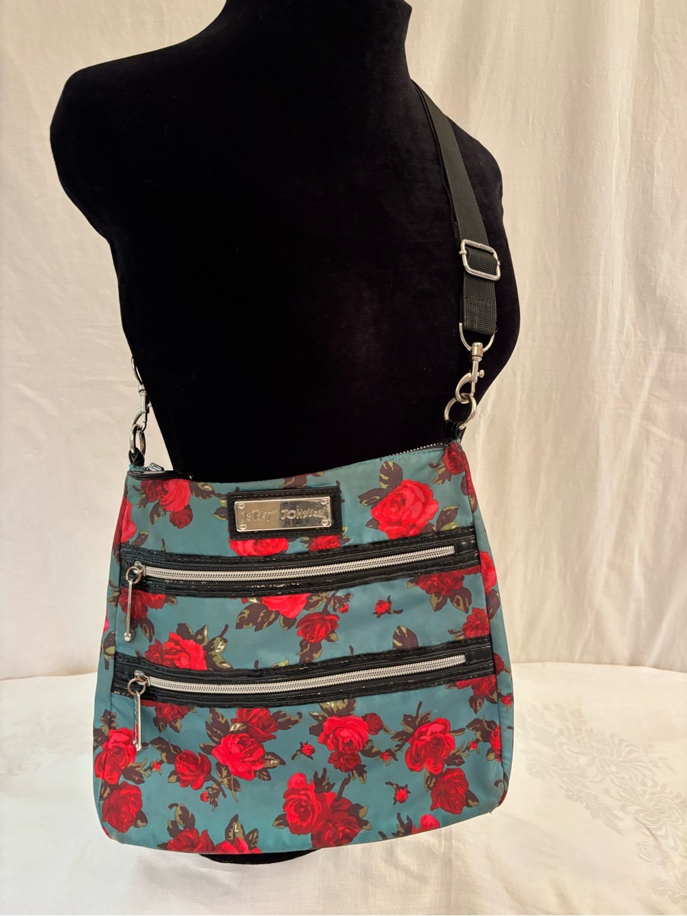 Betsey Johnson Vintage Teal Rose Multi Zip Crossbody Messenger Bag Floral EUC